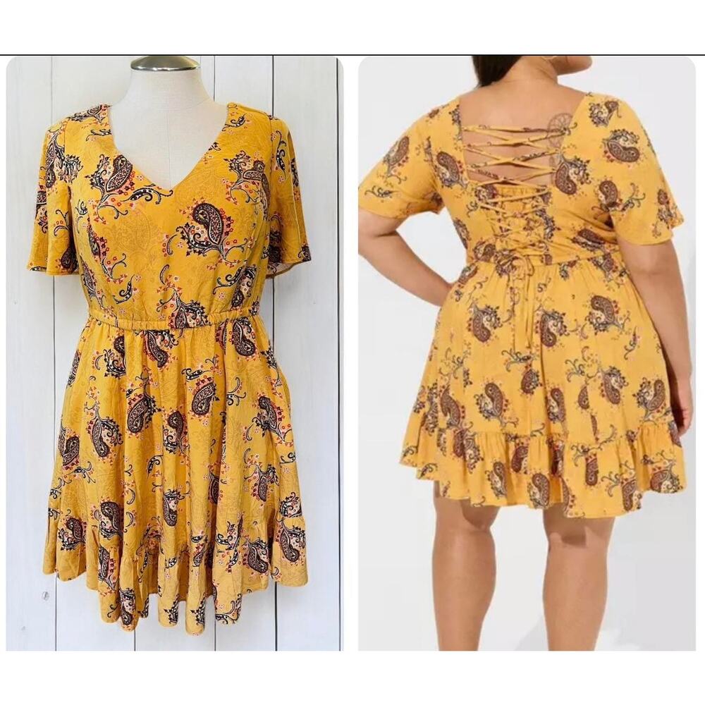 Torrid 1 (1X 14/16) Yellow Paisley Print‎ Lace Up Back Mini Challis Dress New